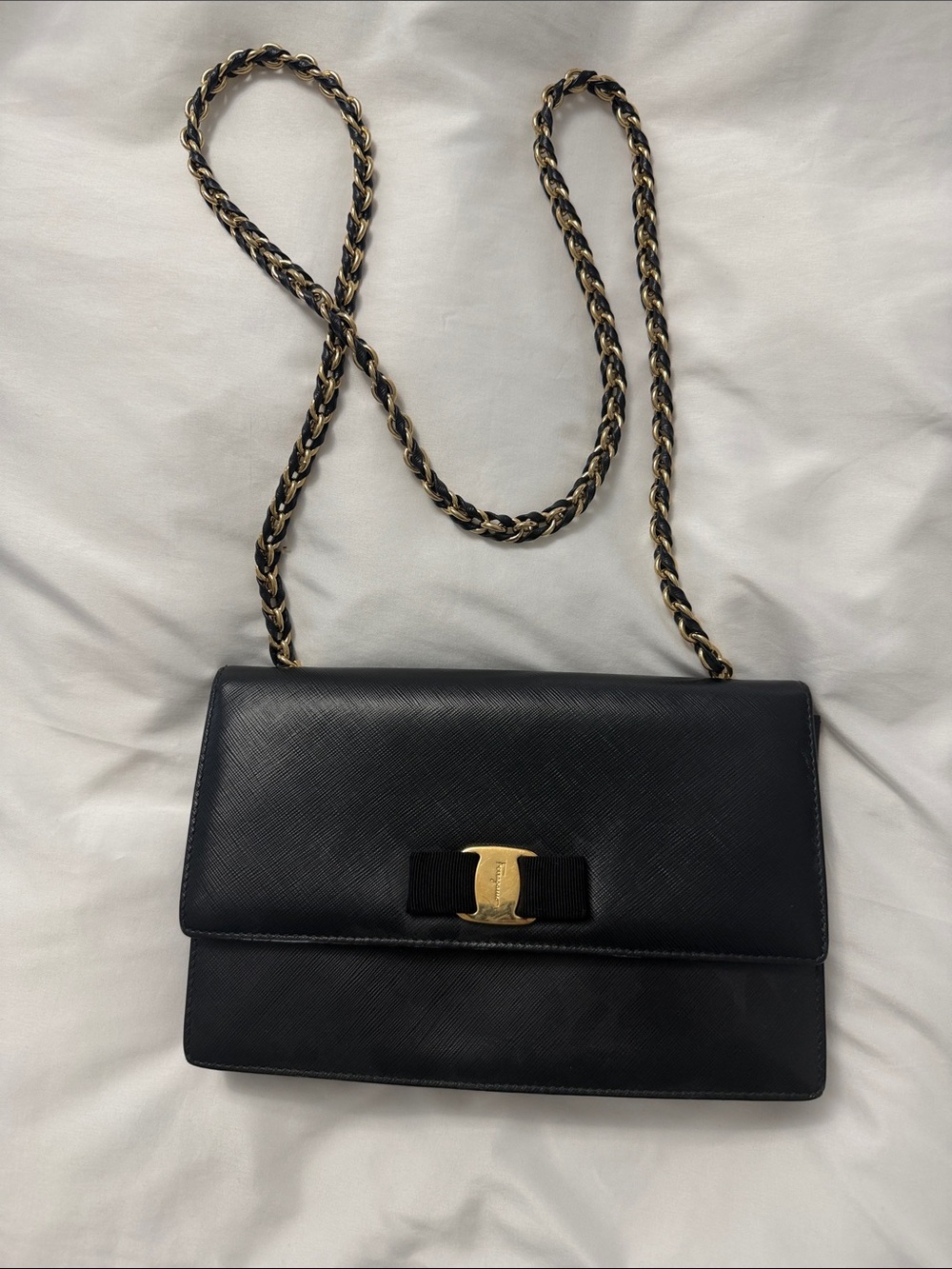 Salvatore Ferragamo Black Leather Crossbody with Gold-Tone Chain and Vara Bow